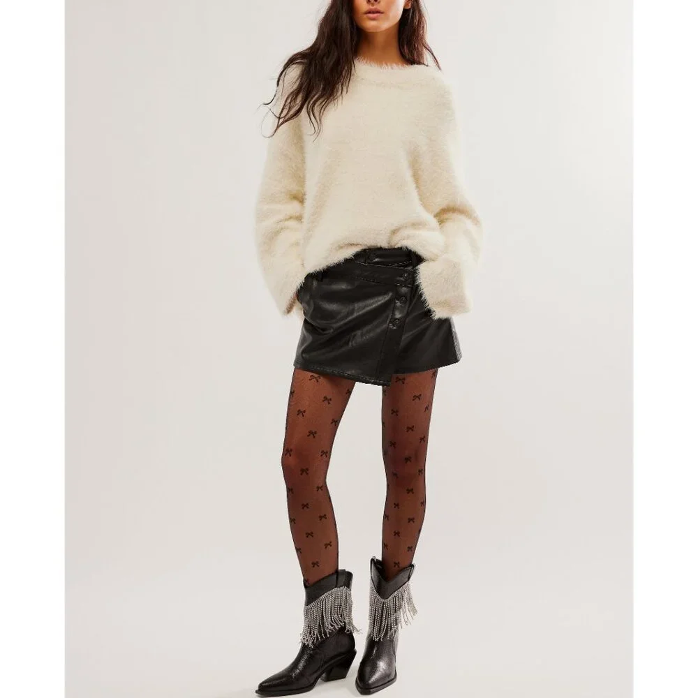 Free People Black Faux Leather Button Mini Skirt